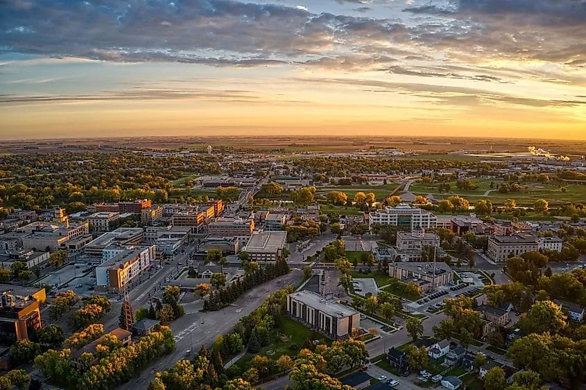Aerial view of a town at sunset