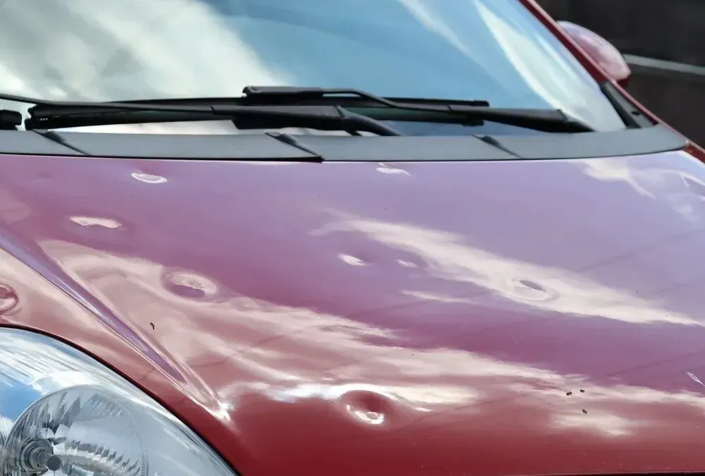 Hail dents on the hood of a red car